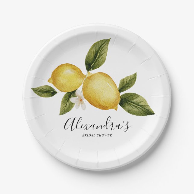 Simple Italia Lemon Calligraphy Bridal Shower  Paper Plates (Front)