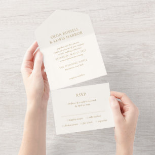 Simple Ivory and Gold Modern Wedding All In One Invitation