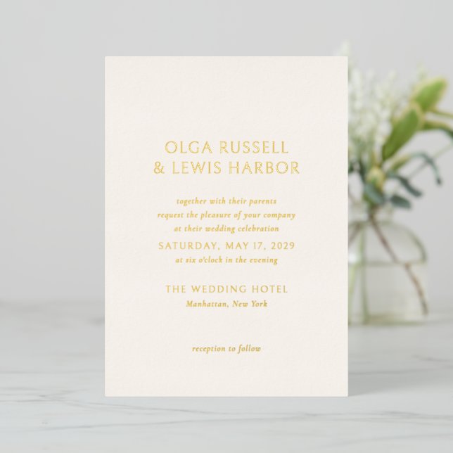 Simple Ivory and Gold Modern Wedding Foil Invitation (Standing Front)