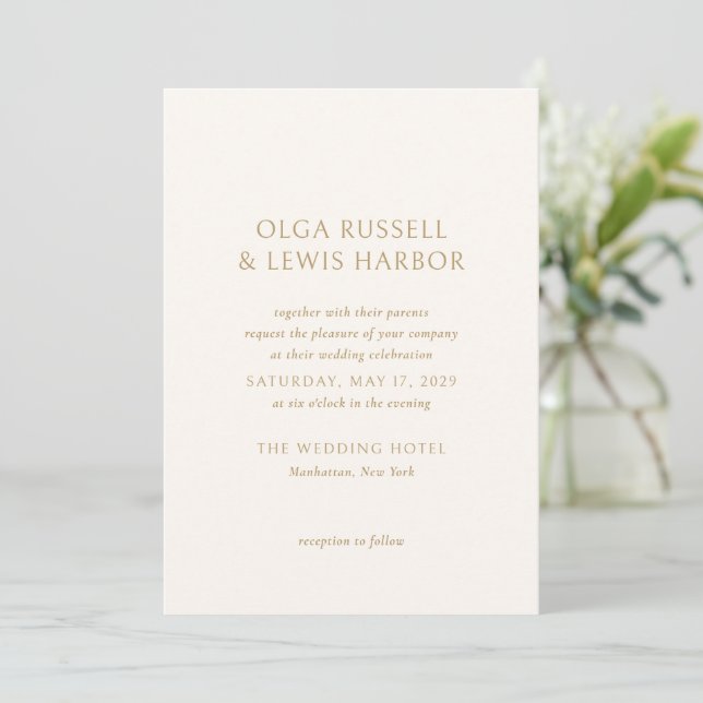 Simple Ivory and Gold Modern Wedding Invitation (Standing Front)