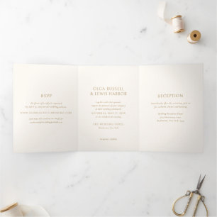 Simple Ivory and Gold Modern Wedding Tri-Fold Invitation