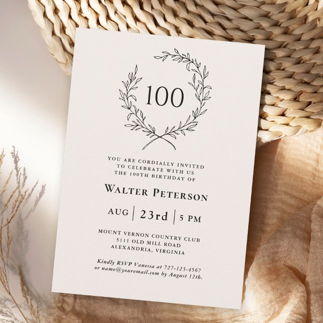 Simple Ivory Elegant Laurel Wreath 100th Birthday Invitation (Creator Uploaded)