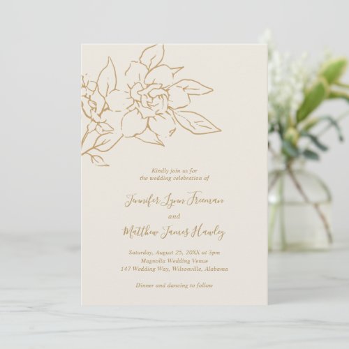 Simple Ivory Gold Line Art Floral Elegant Wedding Invitation