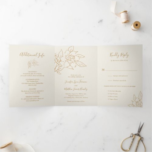 Simple Ivory Gold Line Art Floral Elegant Wedding Tri_Fold Invitation