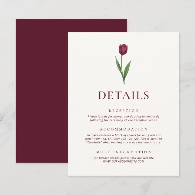 Simple Ivory Minimalist Tulip Wedding Details Enclosure Card (Front/Back)