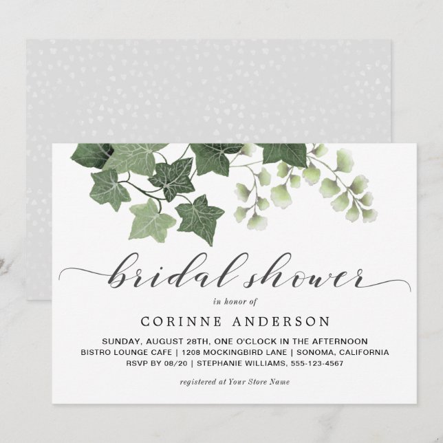 Simple Ivy and Fern Greenery Bridal Shower Invitation (Front/Back)