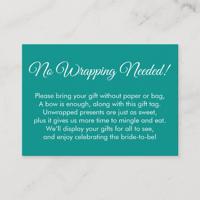 Simple Jade "No Wrapping Needed" Bridal Shower Enclosure Card (Front)