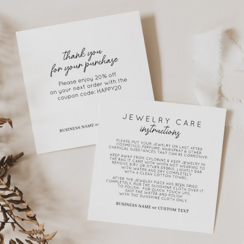 Simple Jewelry Care Instruction Thank You Business Enclosure Card
