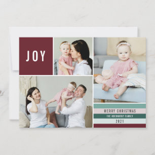 Simple Joy 3 Photo Collage Modern Stripes Maroon Holiday Card