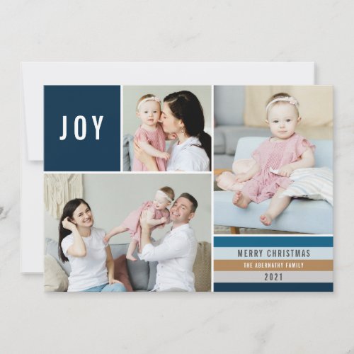 Simple Joy 3 Photo Collage Modern Stripes  Navy Holiday Card