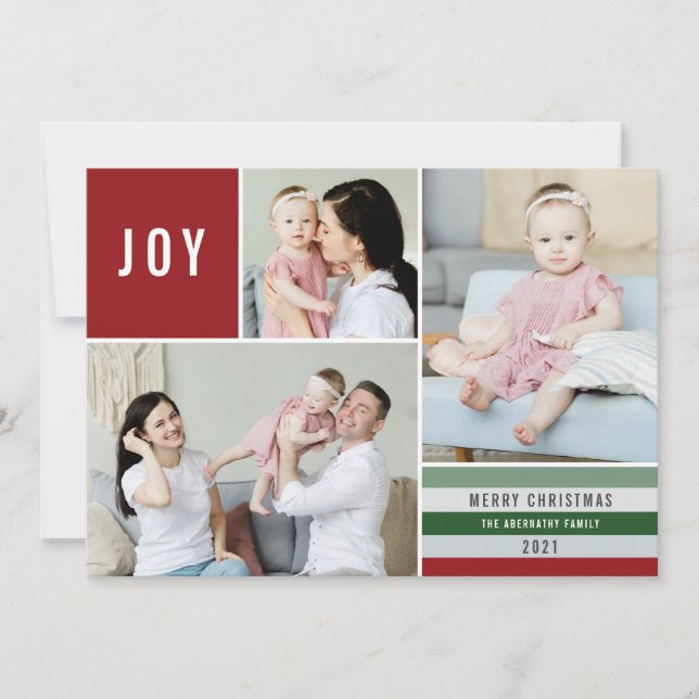 Simple Joy 3 Photo Collage Modern Stripes | Red Holiday Card (Front)