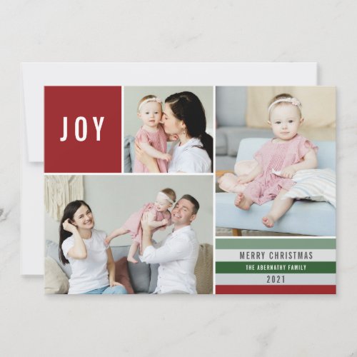 Simple Joy 3 Photo Collage Modern Stripes  Red Holiday Card