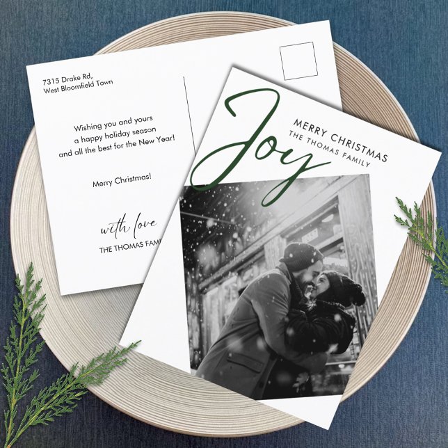 Simple Joy Christmas Minimalist Green Photo  Holiday Postcard (Creator Uploaded)