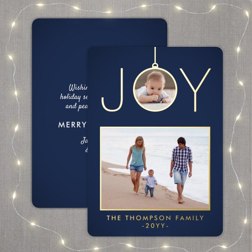 Simple Joy Christmas Ornament 2 Photo Navy  Gold Foil Holiday Card