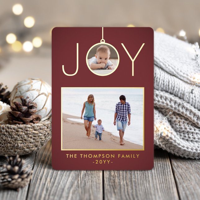 Simple Joy Christmas Ornament Burgundy 2 Photo Foil Holiday Card (Creator Uploaded)