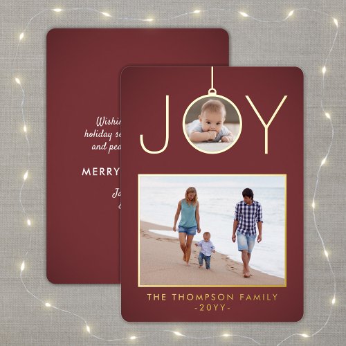Simple Joy Christmas Ornament Burgundy 2 Photo Foil Holiday Card