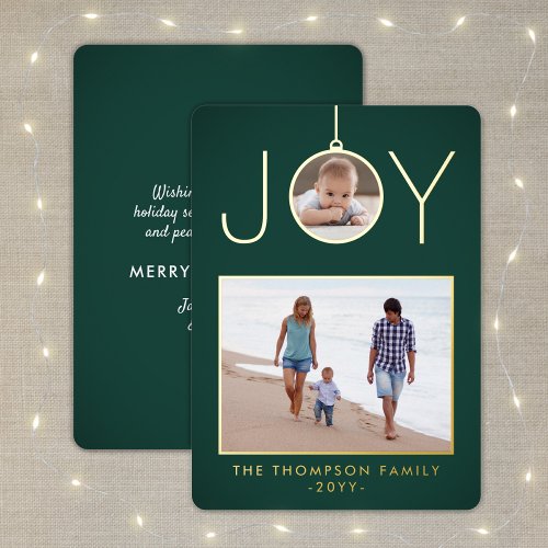 Simple Joy Christmas Ornament Green 2 Photo Foil Holiday Card