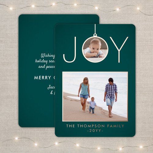 Simple Joy Christmas Ornament Modern Teal 2 Photo Foil Holiday Card