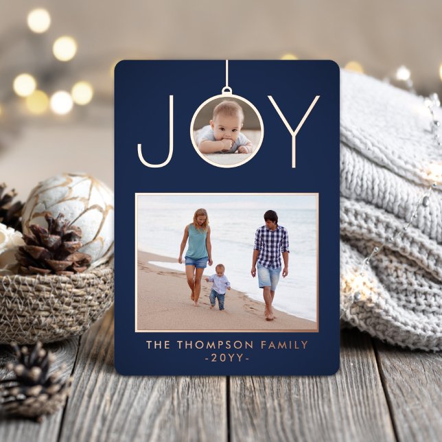 Simple Joy Christmas Ornament Navy Blue 2 Photo Foil Holiday Card (Creator Uploaded)