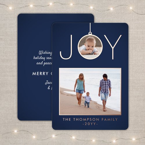 Simple Joy Christmas Ornament Navy Blue 2 Photo Foil Holiday Card
