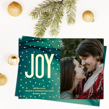 Simple Joy On Abstract Green Photo Foil Holiday Card by TheSpottedOlive at Zazzle