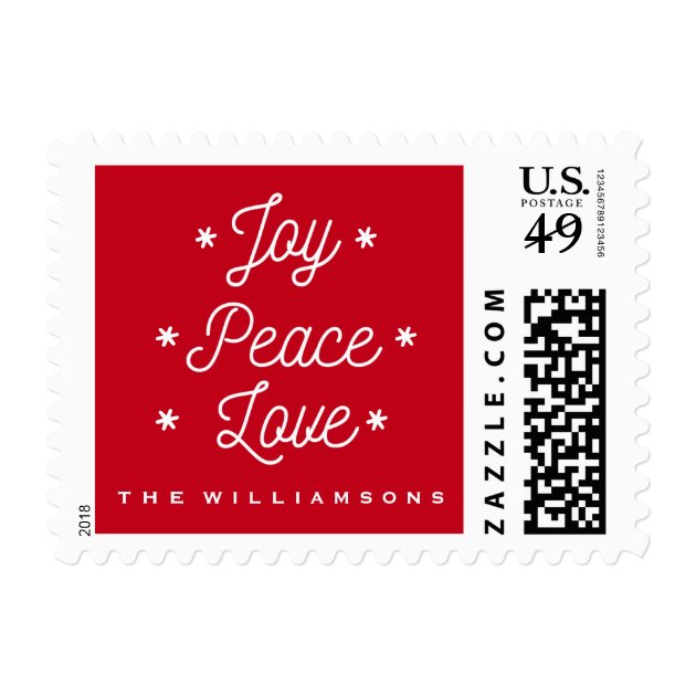 Simple Joy Peace Love Hand-Lettered Red Holiday Postage