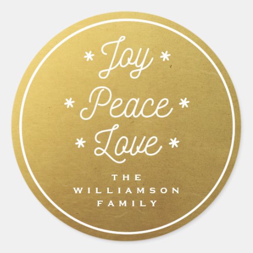 Simple Joy Peace Love Hand_Lettered Trendy Gold Classic Round Sticker