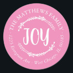 Simple Joy Round Return Address Label<br><div class="desc">Affordable custom printed round return address stickers personalized with your family name and return address. This rustic modern holiday design features simple JOY lettering and branches on a pink background. Use the design tools to change the background color and fonts to further customize your own unique Christmas return address labels....</div>