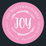 Simple Joy Round Return Address Label<br><div class="desc">Affordable custom printed round return address stickers personalized with your family name and return address. This rustic modern holiday design features simple JOY lettering and branches on a pink background. Use the design tools to change the background color and fonts to further customize your own unique Christmas return address labels....</div>