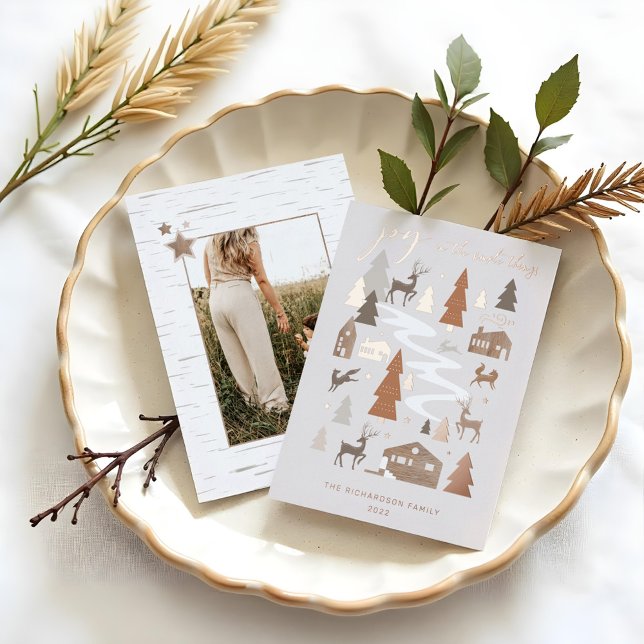 Simple Joy Woodland Animals & Cozy Village Photo Foil Holiday Card (Simple Joy Woodland Animals & Cozy Village Photo Foil Holiday Card)