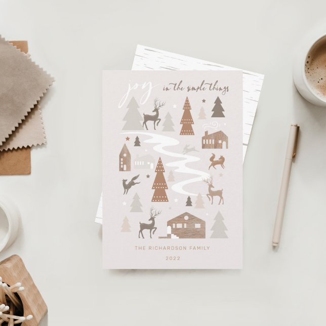 Simple Joy Woodland Animals & Cozy Village Photo Holiday Card (Creator Uploaded)
