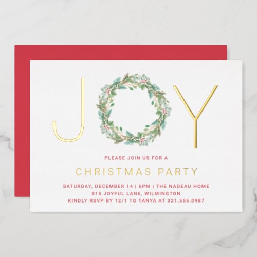 Simple Joy Wreath Elegant Christmas Party Foil Invitation