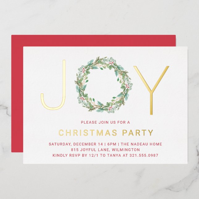 Simple Joy Wreath Elegant Christmas Party Foil Invitation (Front/Back)
