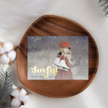 Simple Joyful Overlay Photo Holiday Card<br><div class="desc">This design the text Joyful in a bold vintage typography in gold foil with a deep navy Christmas color and pattern on the back. Customize this card with your photo and message! Additional colors and layouts are available in our Zazzle shop; for additional customization, send us a message through Zazzle!...</div>