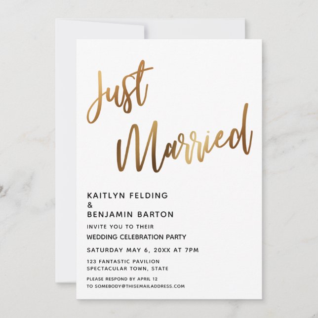 Simple Just Married Gold Calligraphy Reception Invitation (Front)