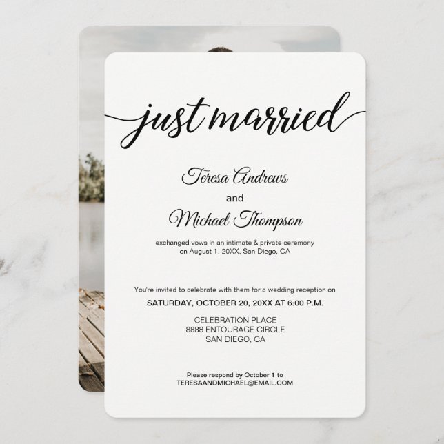 Simple Just Married Photo Wedding Reception Invitation (Front/Back)