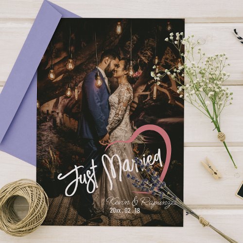 Simple Just Married script Wedding Photo Invitation