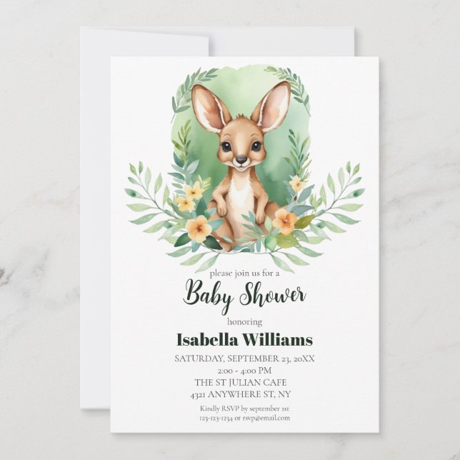 Simple Kangaroo Watercolor Baby Shower Invitation (Front)