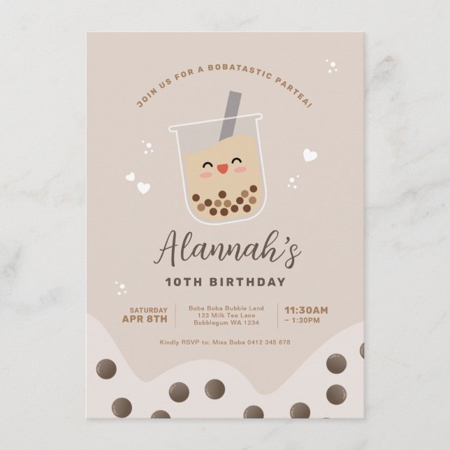 Simple Kawaii Boba Bubble Milk Tea Birthday Invitation (Front)