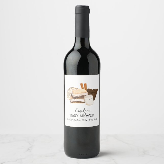Simple Kawaii S'more Love & Fun Baby Shower Wine Label (Front)