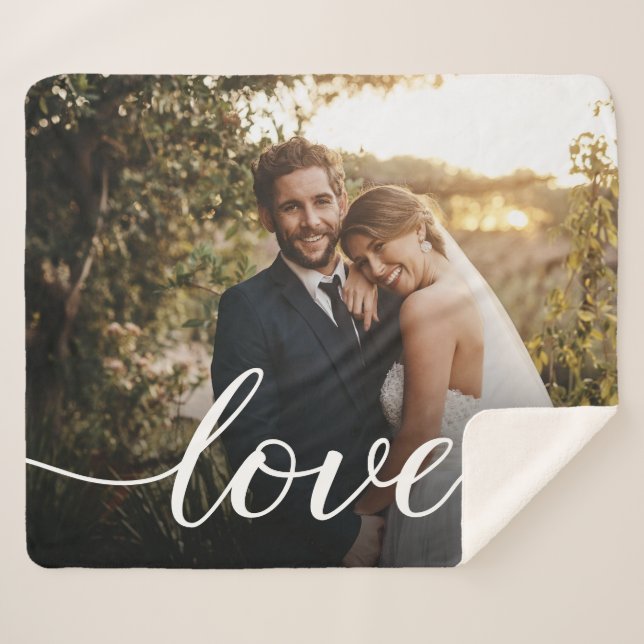 Simple Keepsake Love Script Custom Wedding Photo Sherpa Blanket (Front (Horizontal))