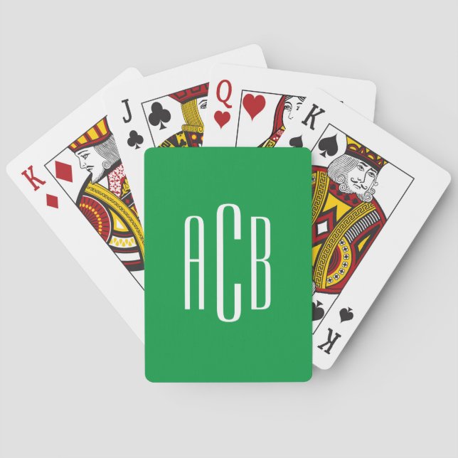 Simple Kelly Green and White Three Letter Monogram Poker Cards (Back)
