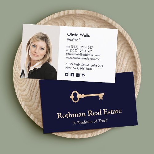 Simple  Key Front Navy Real Estate  Photo Calling Card