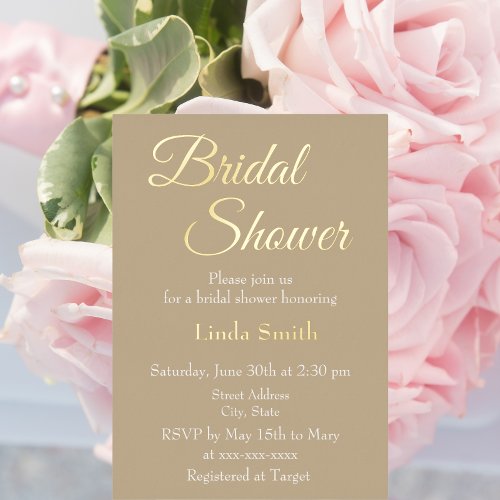 Simple Khaki Bridal Shower Foil Invitation