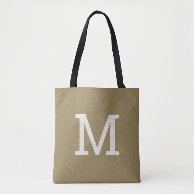 Simple Khaki Taupe Monogram Initial Tote Bag (Front)