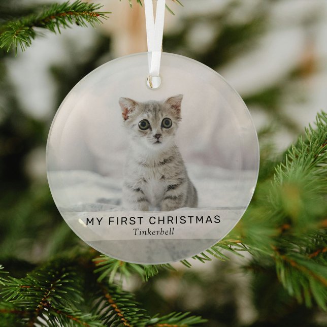 Simple Kitten 'My First Christmas' Photo Keepsake  Glass Ornament (Creator Uploaded)