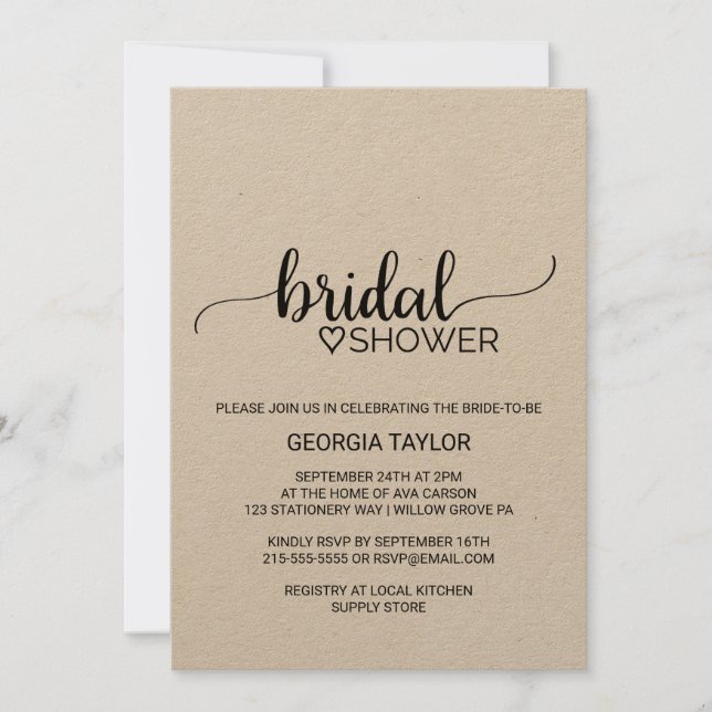Simple Kraft Calligraphy Bridal Shower Invitation (Front)