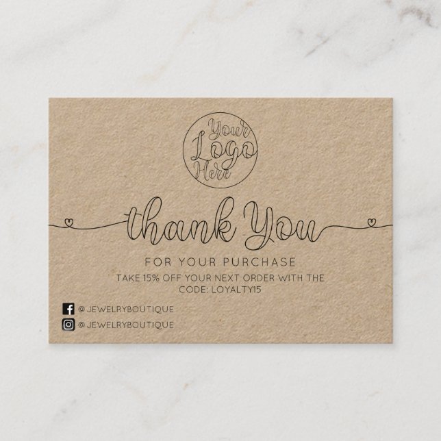 Simple Kraft Handwritten Hearts Customer Thank You Business Card (Front)
