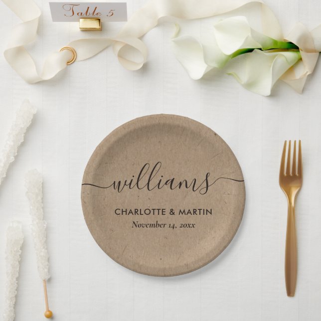 Simple Kraft Paper Elegant Modern Script Wedding Plates (Wedding)