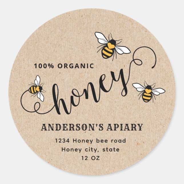 Simple kraft script Honey bee apiary Classic Round Sticker (Front)